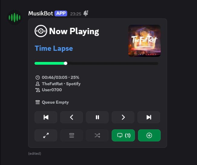 Now Playing — 25% progress, loop track