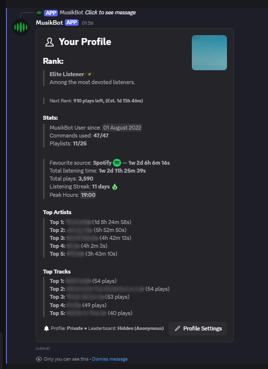 Personal listening profile with rank and stats