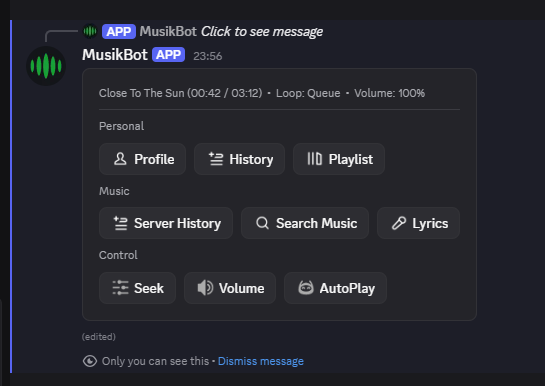 Quick-access expand menu with personal, music and control buttons